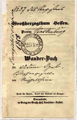 Wandergesellenausweis 1857 von Adam Opel Seite1