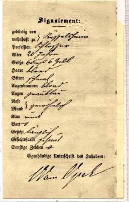 Faksimilé Wandergesellenausweis 1857 von Adam Opel Seite2